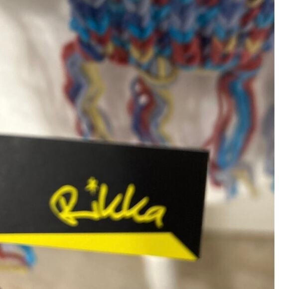 RIKKA NWT Blue Yellow Red Multi Color Crochet Fringe Winter Scarf - Picture 6 of 7